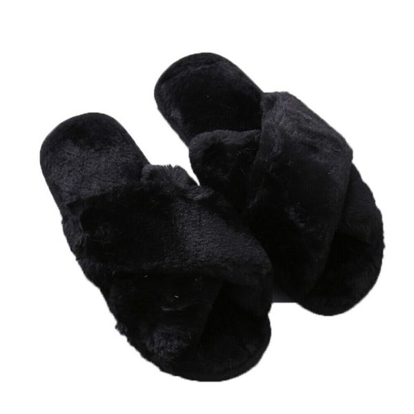 (Black, EU39) Ladies Fur Fluffy Slippers Sliders Women Cross Over Open Toe Mules Shoes