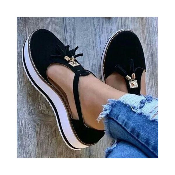 (Black, EU40) Women Tassel Round Toe Shoes Casual Flats T-Strap Sandals Gladiator Comfort