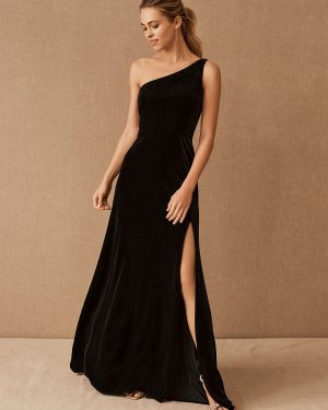 Black Evening Dress A-Line One-Shoulder Velour Floor-Length Split Front Social Party Dresses