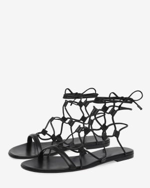 Black Flat Sandals Open Toe Lace Up Sandal Flats For Women