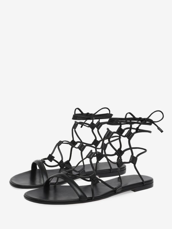Black Flat Sandals Open Toe Lace Up Sandal Flats For Women