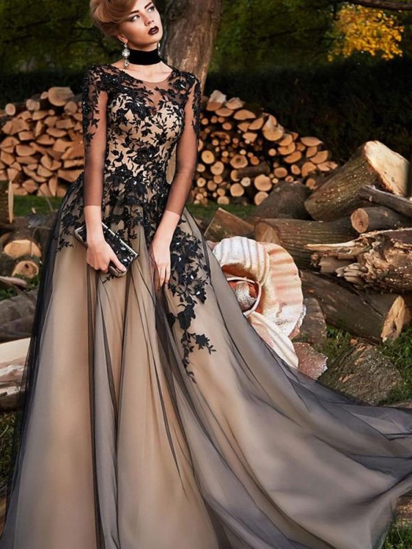 Black Gothic Wedding Dresses A-Line Sleeveless Lace With Train Bridal Gown Free Customization