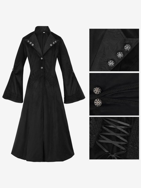 Black Gothic women's mid-length coat autumn and winter fashion slim trench coat dark stand collar palace tuxedo