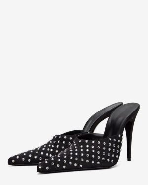 Black High Heel Mules Pointed Toe Beaded Backless Pumps
