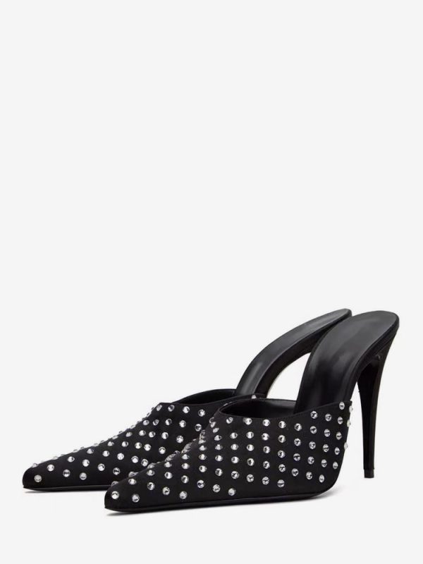 Black High Heel Mules Pointed Toe Beaded Backless Pumps