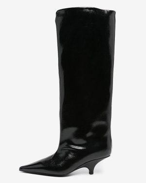 Black Knee High Boots Kitten Heel Pointed Toe Women's Boots