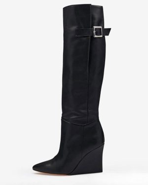 Black Knee High Boots Pointed Toe Metal Detal Wedge Knee Length Boots