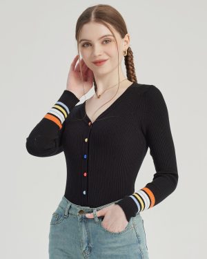 Black Knit Cardigan V-neck Colorful Buttons Striped Cuffs Spring Tops For Women 2025
