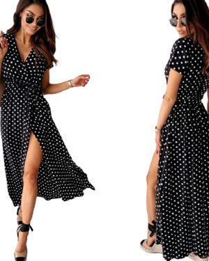 (Black, L (UK 12)) Polka Dot Split Front Maxi Dress