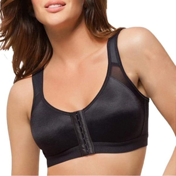 (Black, L) Women Posture Corrector Front Closure Bra Wire Free Back Support Underwear Fitness Yoga Vest