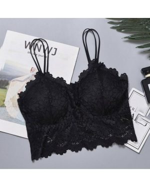 (Black, L) Women's open back lace floral bra with padded corset vest