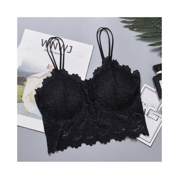 (Black, L) Women's open back lace floral bra with padded corset vest