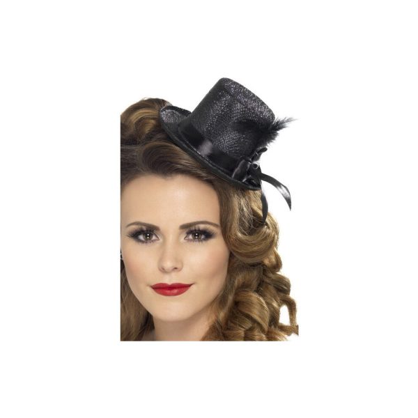 Black Ladies Mini Top Hat With Ribbon & Feather - mini hat black fancy dress feather tophat smiffys ribbon burlesque
