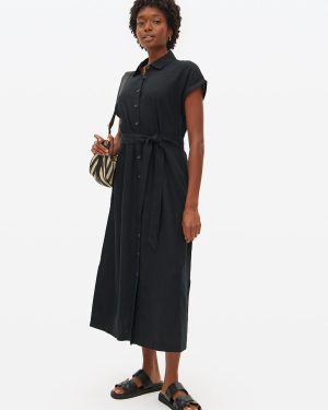 Black Linen Blend Shirt Dress
