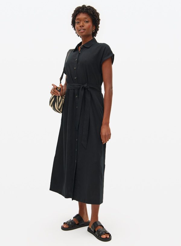 Black Linen Blend Shirt Dress