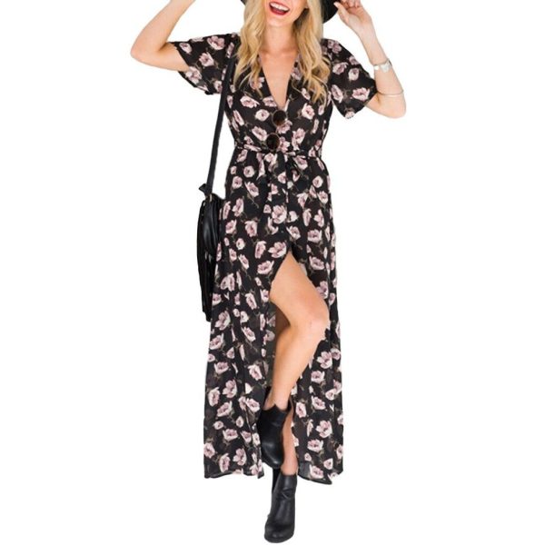 (Black, M) Women Chiffon Slim Long Maxi Dress Floral Print Deep V Split Short Sleeve