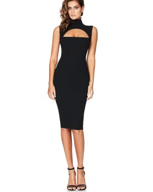(Black, M) Women One-Piece Midi Tank Dress Solid Cut Out Front High Cowl Neck Sleeveless