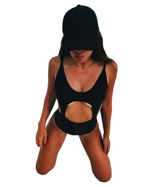 (Black, M) Women One Piece Swimsuit Cut Out Backless Padding Sleeveless Swimwear