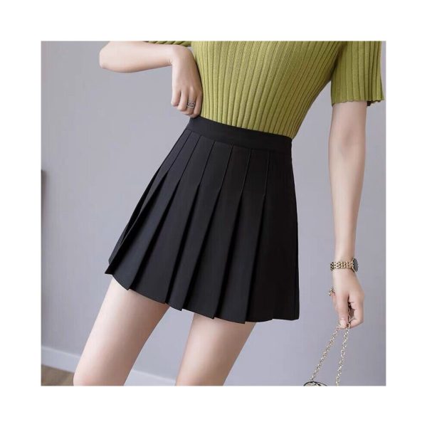 (Black, M) Women's summer high waist pleated skirt with safety shorts