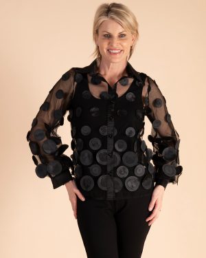 Black Mesh Blouse with 3D Applique Circles