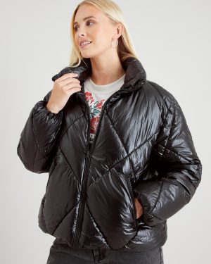 Black Metallic Padded Bomber Jacket
