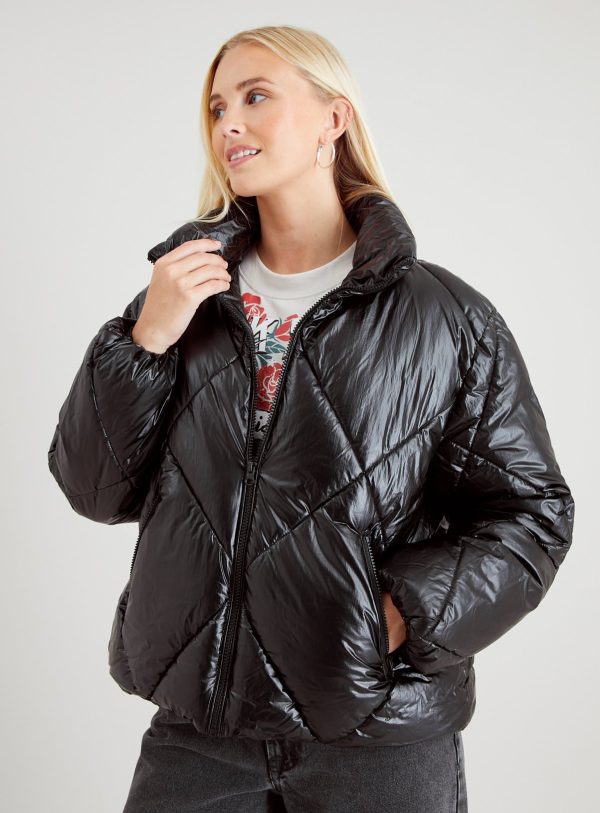 Black Metallic Padded Bomber Jacket