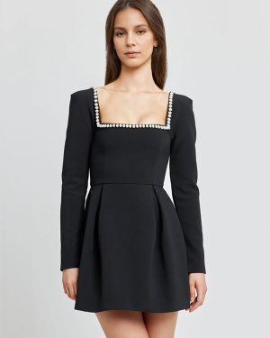 Black Mini Dress Sqaure Neck Long Sleeves Contrast Trim Graduation Dresses