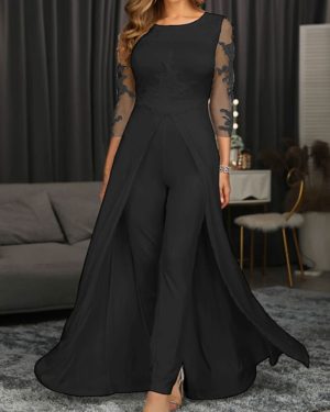 Black Mother Dress Jewel Neck 3/4 Length Sleeves Sheath Applique Wedding Guest Dresses