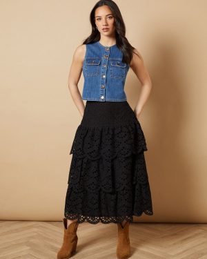 Black OASIS Broderie Tiered Midi Skirt