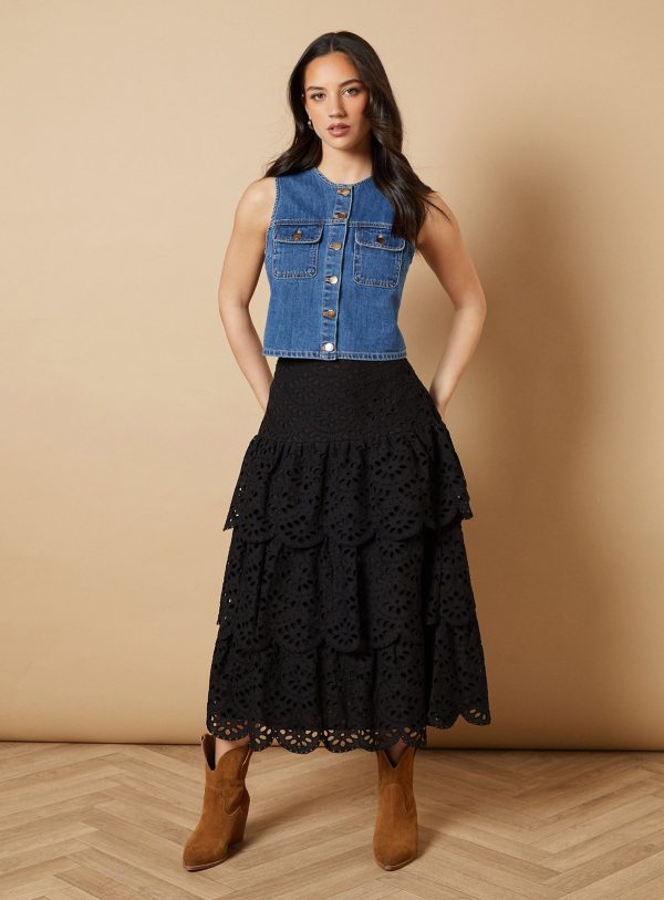 Black OASIS Broderie Tiered Midi Skirt