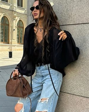Black Oversized Blouse With Tie Detail V-Neck Long Lantern Raglan Sleeve Casual Sheer Tops For Women 2025