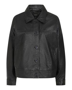 Black Oversized Button Leather Jacket