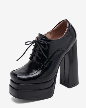Black Platform Loafers Square Toe Lace Up Chunky Heel Pumps