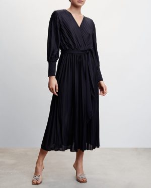 Black Pleated Wrap Dress