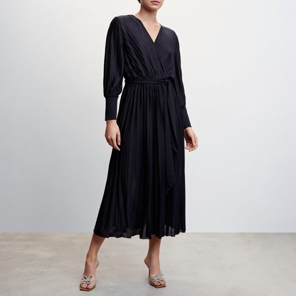 Black Pleated Wrap Dress