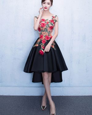 Black Prom Dresses 2025 Short Floral Print Homecoming Dress High Low Flowers Applique Scoop Neckline Graduation Dress