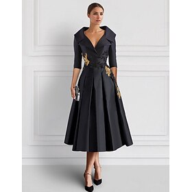 Black Purple Embroidered A-Line Cocktail Dresses Tuxedo Dress Mother of Bride Elegant Formal Ankle Length 3/4 Length Sleeve Shirt Collar Pocket Satin with Appl