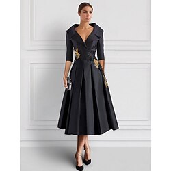 Black Purple Embroidered A-Line Cocktail Dresses Tuxedo Dress Mother of Bride Elegant Formal Ankle Length 3/4 Length Sleeve Shirt Collar Pocket Satin with Appliques 2025
