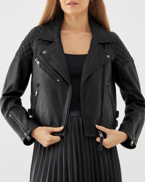 Black Quilted Leather Biker Jacket