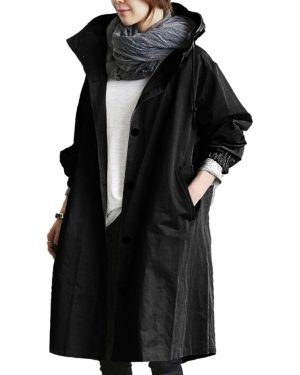 (Black, S) Women's Trench Jackets Rain Coat Button Down Windproof Hooded Oversized Elegant Windbreaker Outwear
