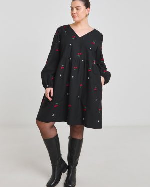 Black SIMPLY BE Embroidered Cherry Skater Dress