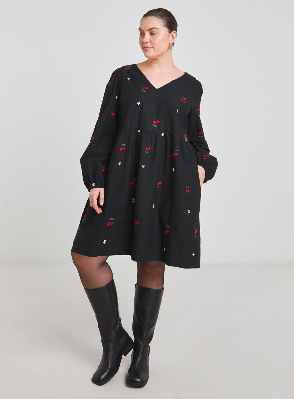 Black SIMPLY BE Embroidered Cherry Skater Dress
