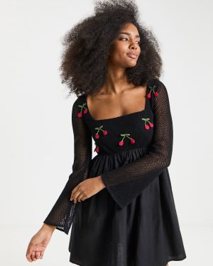 Black SIMPLY BE Embroidered Crochet Skater Dress