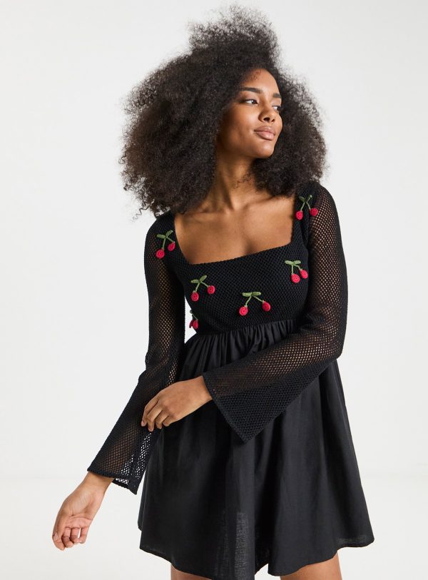 Black SIMPLY BE Embroidered Crochet Skater Dress
