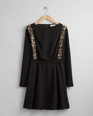 Black Sequin Embroidery Trim Mini Dress