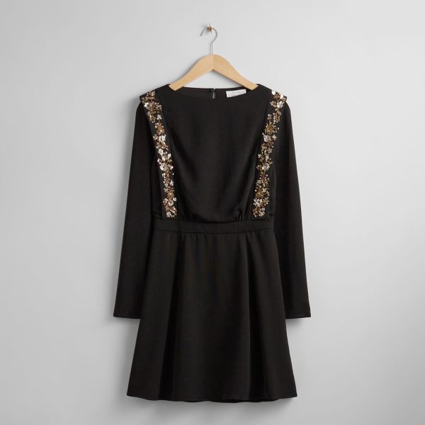 Black Sequin Embroidery Trim Mini Dress