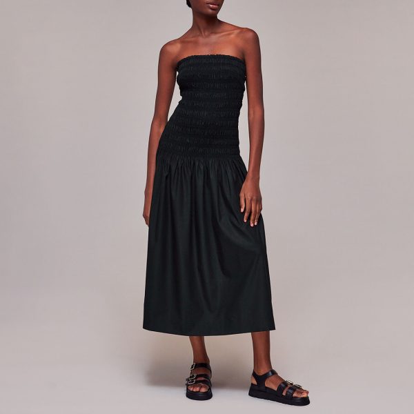 Black Shirred Bandeau Cotton Blend Dress