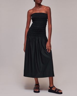 Black Shirred Bandeau Cotton Blend Dress