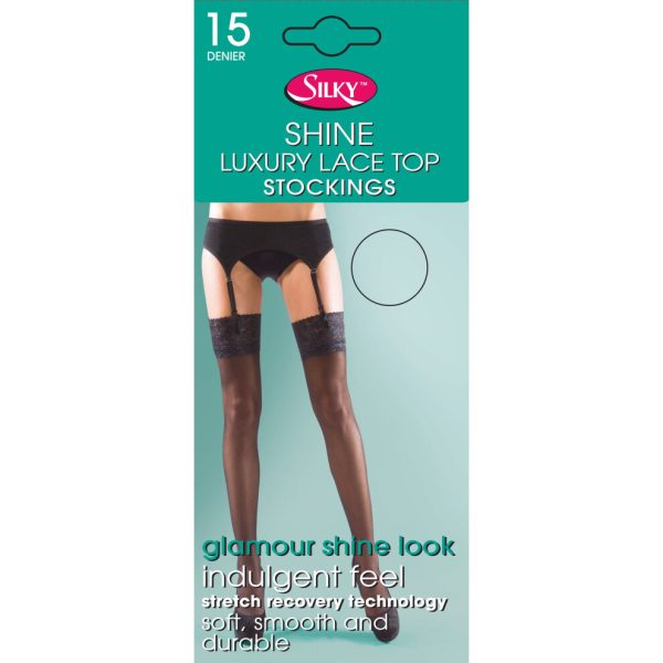 (Black) Silky Luxury Lace Top Stockings 15 Denier One Size