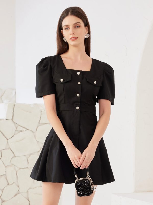 Black Skater Dress Square Neck Short Sleeve Pleated Mini Dress For Women 2025